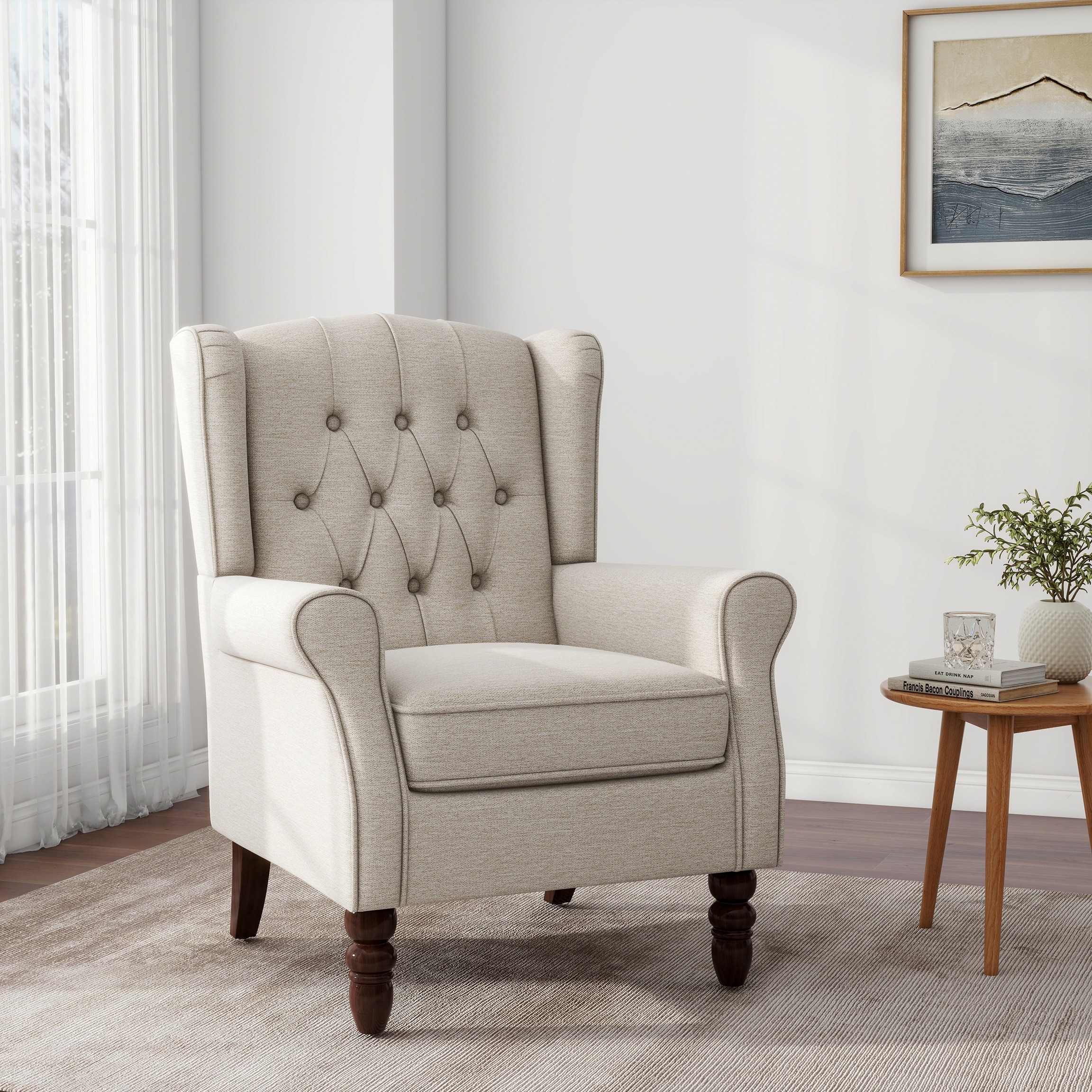 Uixe Wingback Chair Upholstered Armchair in Fabric Retro Wing Back Chairs for Living Room, Beige Tufted