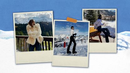 a collage of celebrity and influencer images featuring ski and apr&egrave;s-ski outfits