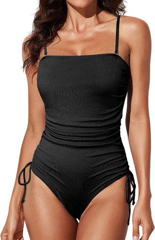 Aleumdr Ribbed One Piece Swimsuits for Women Tummy Control Tie Side High Cut Bathing Suits Black Small