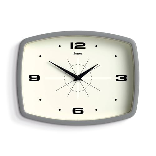 Jones Clocks® Movie Wall Clock | Rectangular Retro Clock | 10 Inch | Grey | Cool Mid Century Designer Look for Kitchen, Living Room or Office