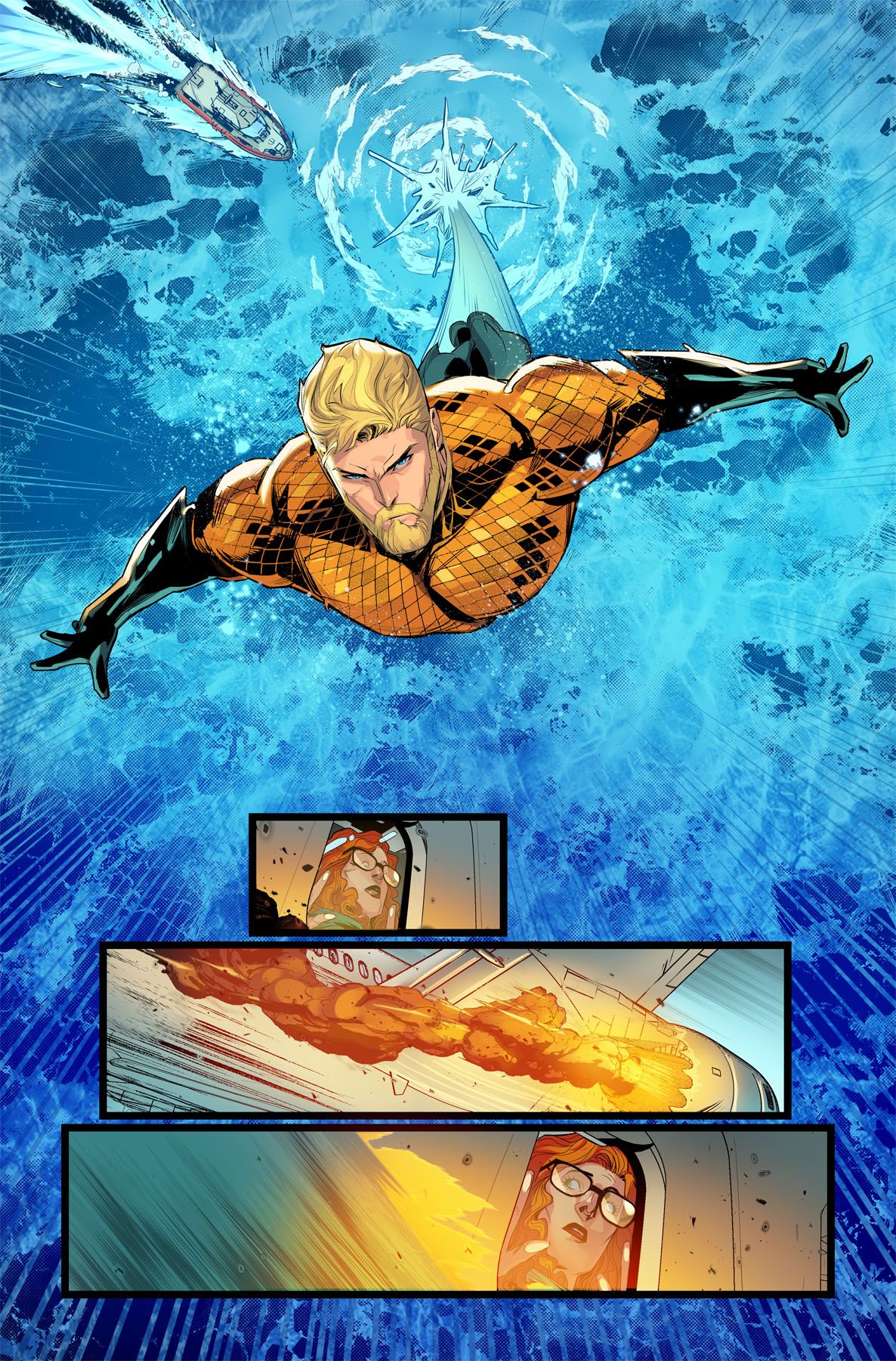 Unlettered interior art pages from Aquaman #1.