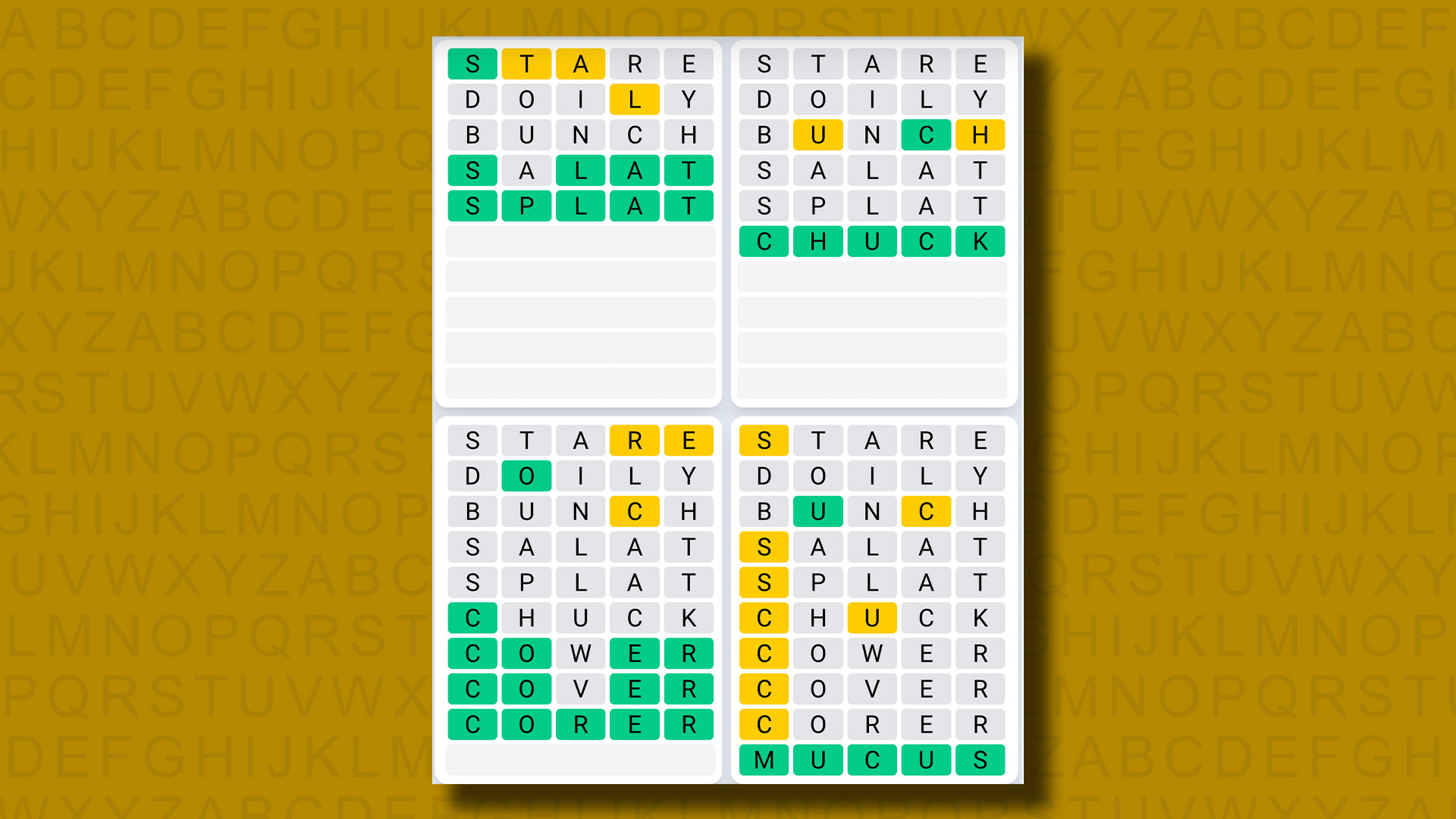 Quordle daily sequence answers for game 851 on a yellow background