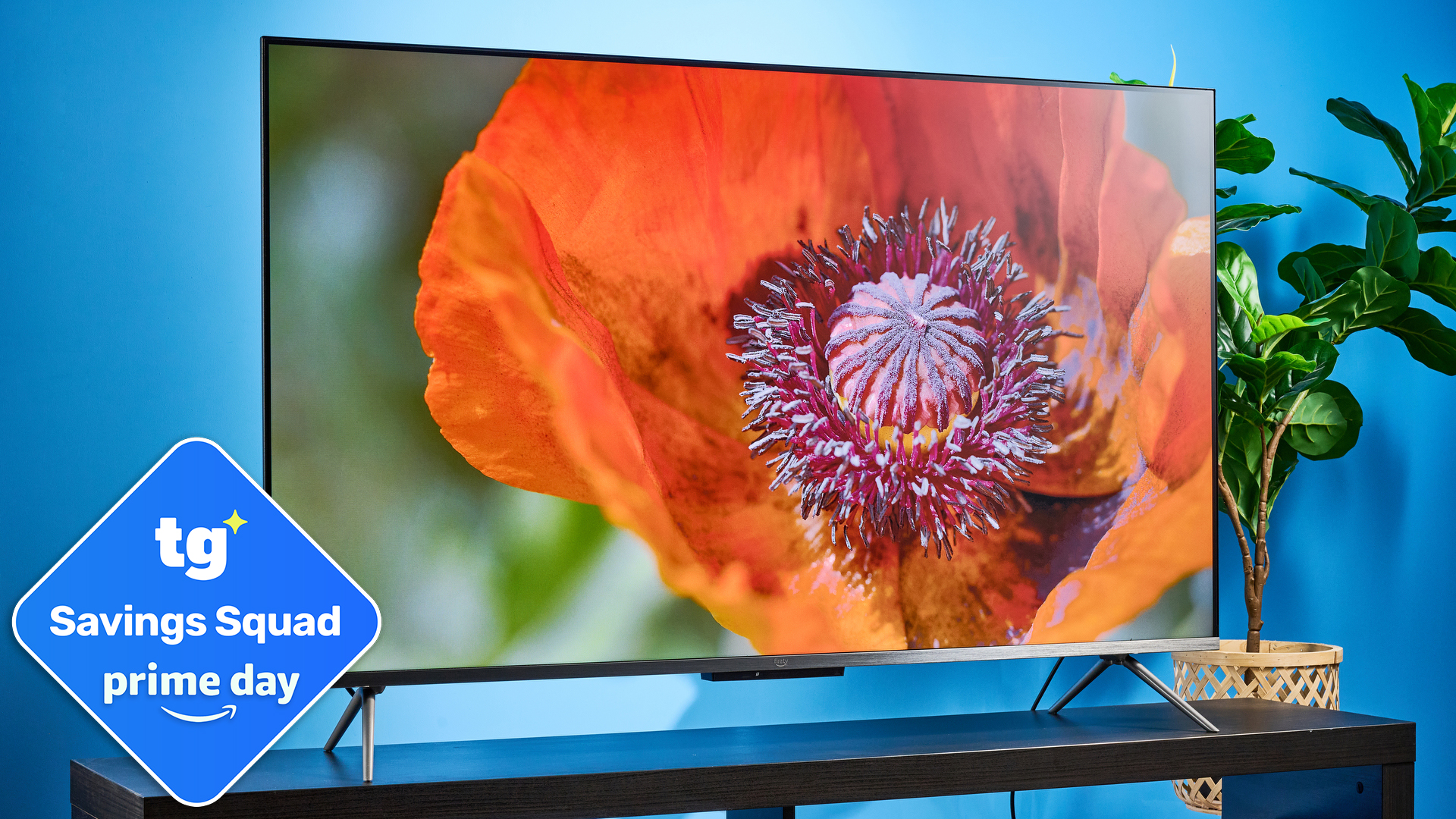 Amazon Ember QLED 55-inch TV against a blue background
