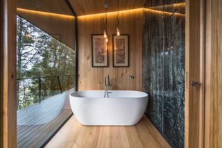 Bathroom with bathtub and glass wall