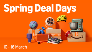 Amazon UK Spring Deal Days key art, including several products stacked on Amazon boxes on an orange background