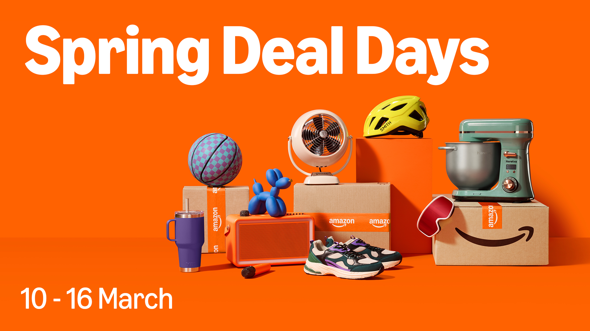 Amazon UK Spring Deal Days key art, including several products stacked on Amazon boxes on an orange background