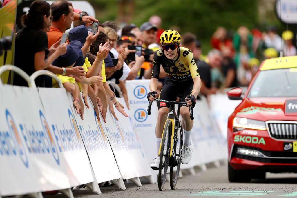 CAUTERETSCAMBASQUE FRANCE JULY 06 Jonas Vingegaard of Denmark and Team JumboVisma crosses the finish line during the stage six of the 110th Tour de France 2023 a 1449km stage from Tarbes to CauteretsCambasque 1355m UCIWT on July 06 2023 in CauteretsCambasque France Photo by Michael SteeleGetty Images