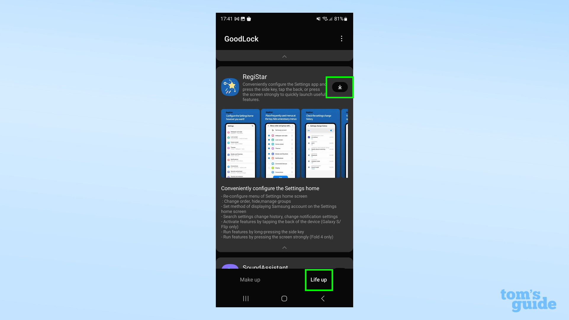 Скриншот Good Lock с заголовком Life Up и кнопкой загрузки модуля RegiStar.