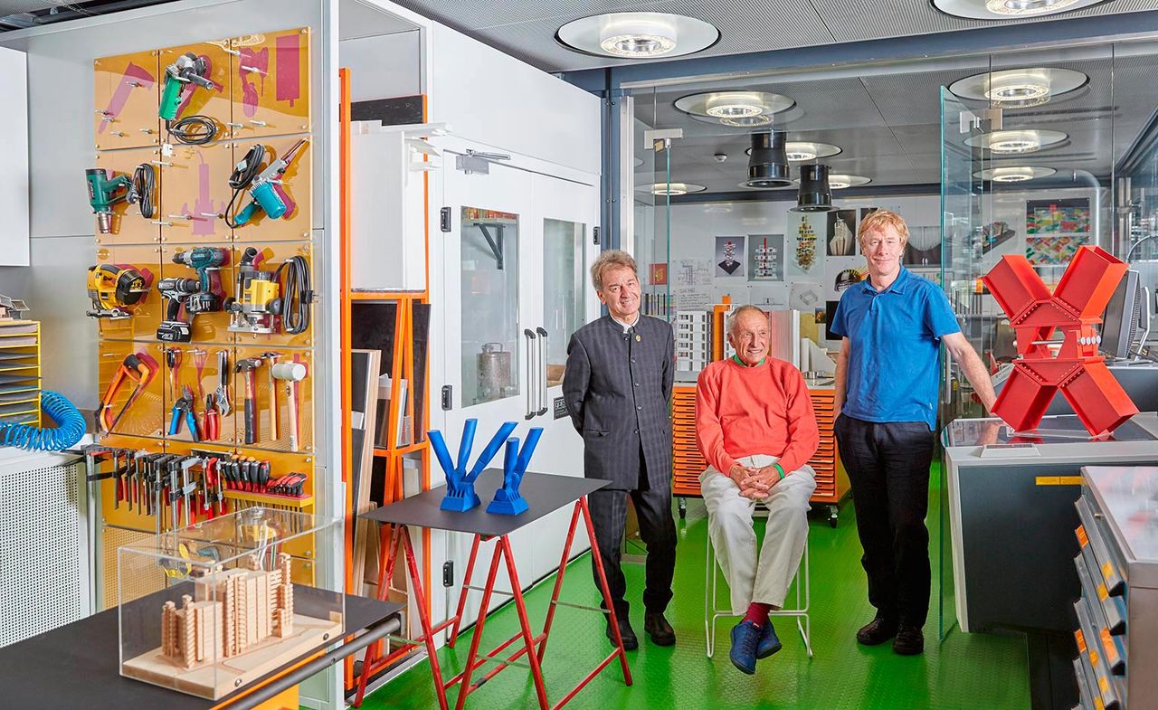 Architects Graham Stirk, Richard Rogers and Ivan Harbour in their offices on the 14th floor of the Leadenhall Building, a 50-storey tower in the City of London designed by their practice and completed in 2014.