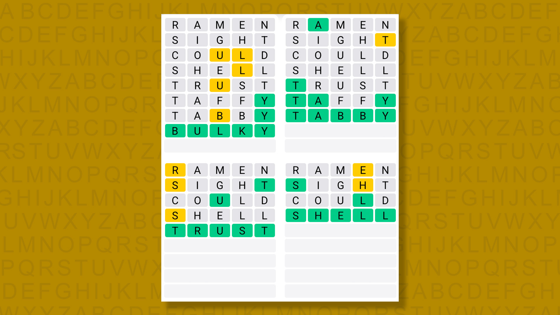 Ответы в Quordle для игры 1416 на желтом фоне