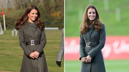 Composite of two pictures of Catherine, Princess of Wales wearing an olive green coat with a textured belt and knee high boots as she attends the official launch of The Football Association&#039;s National Football Centre in 2012