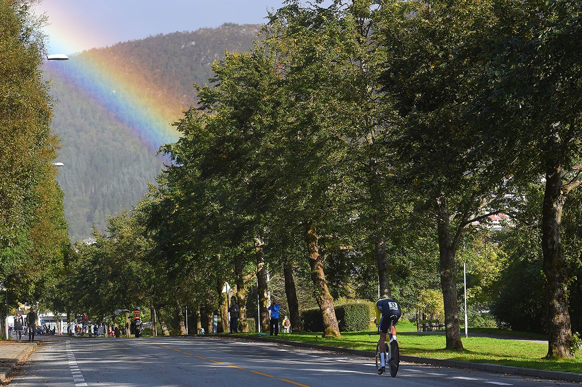 A rainbow turned to rain for the elite men's time triallists