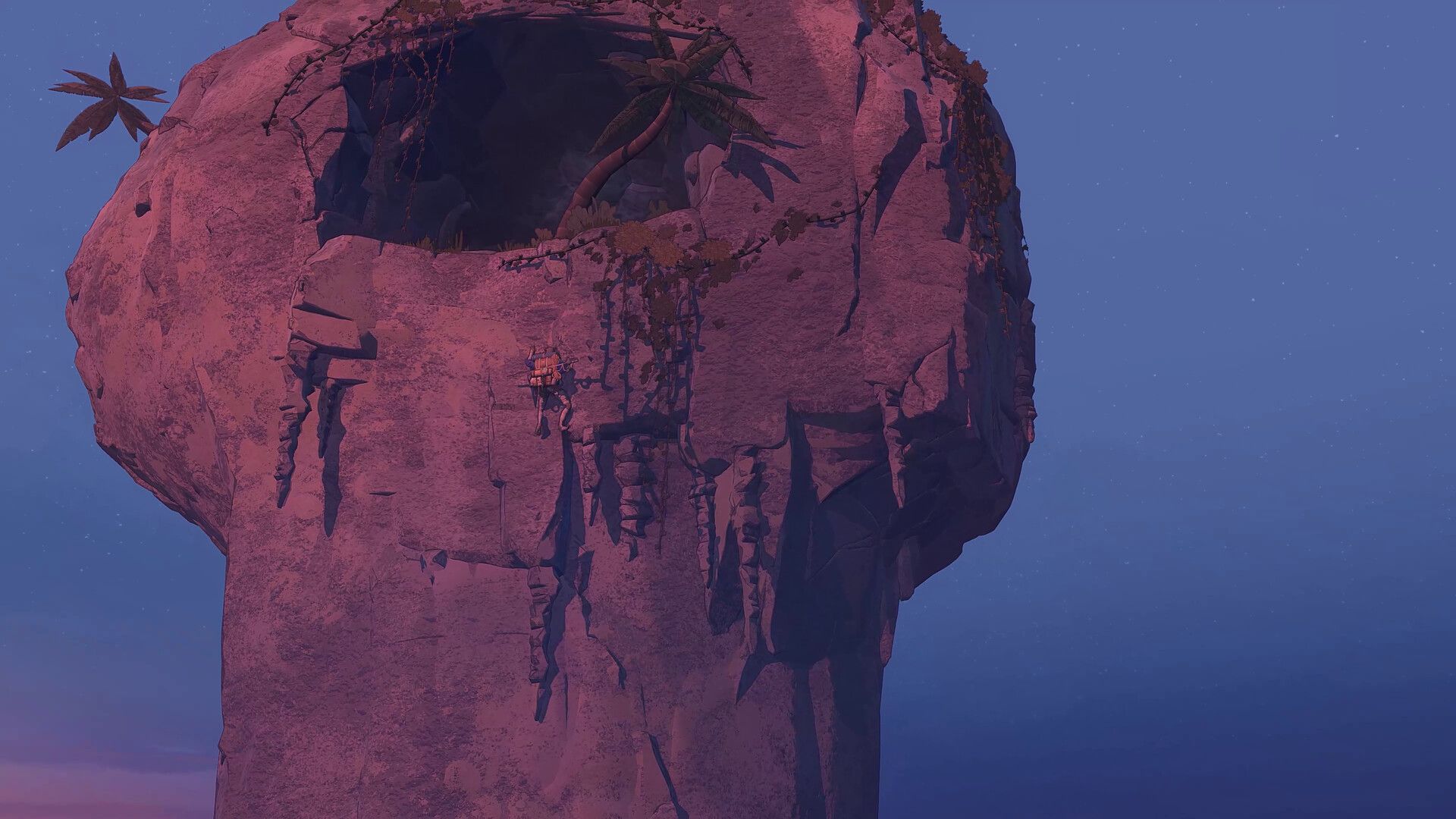 Aava climbs a piton-shaped rock in the Cairn On the Trail DLC