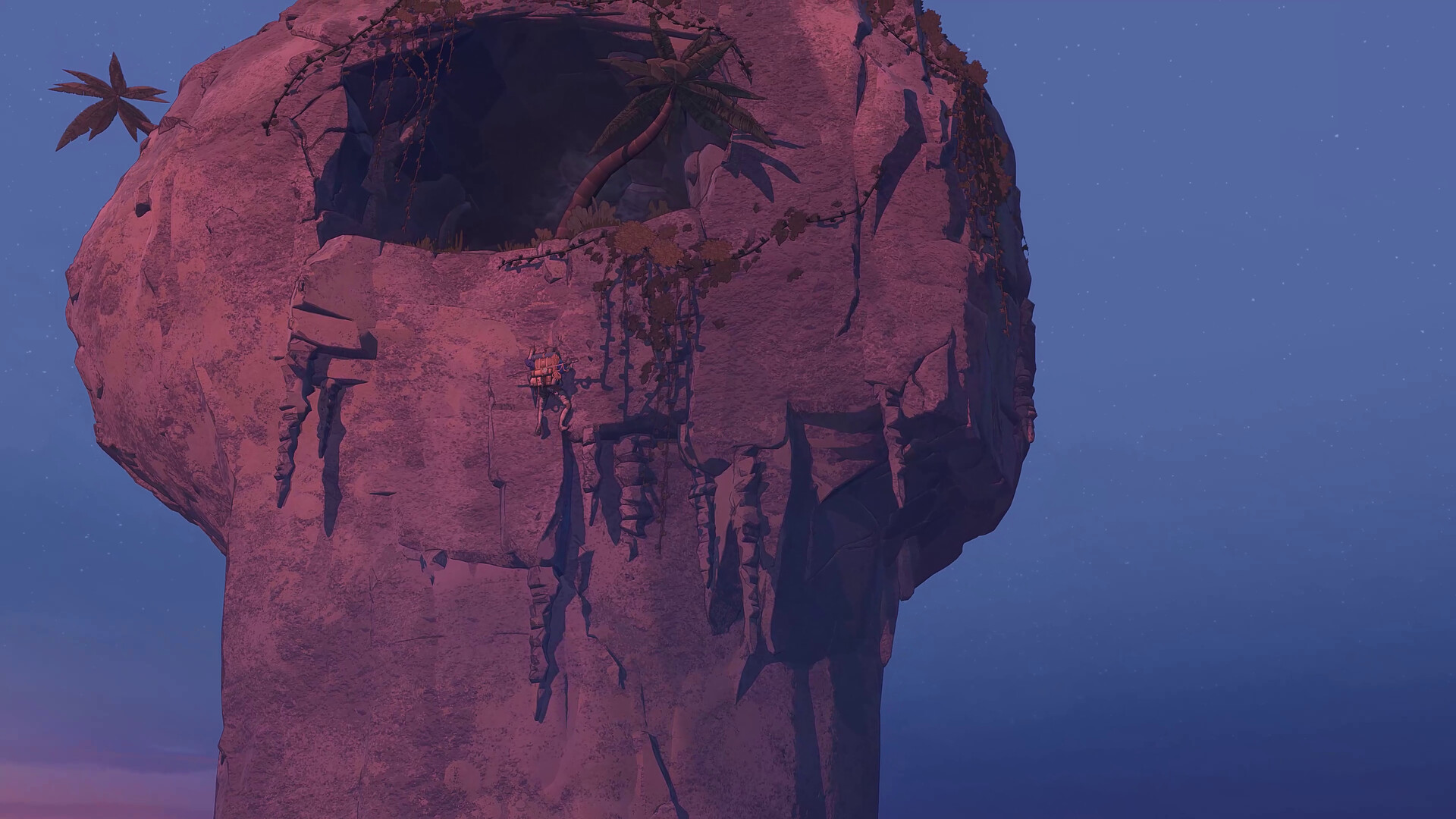 Aava climbs a piton-shaped rock in the Cairn On the Trail DLC