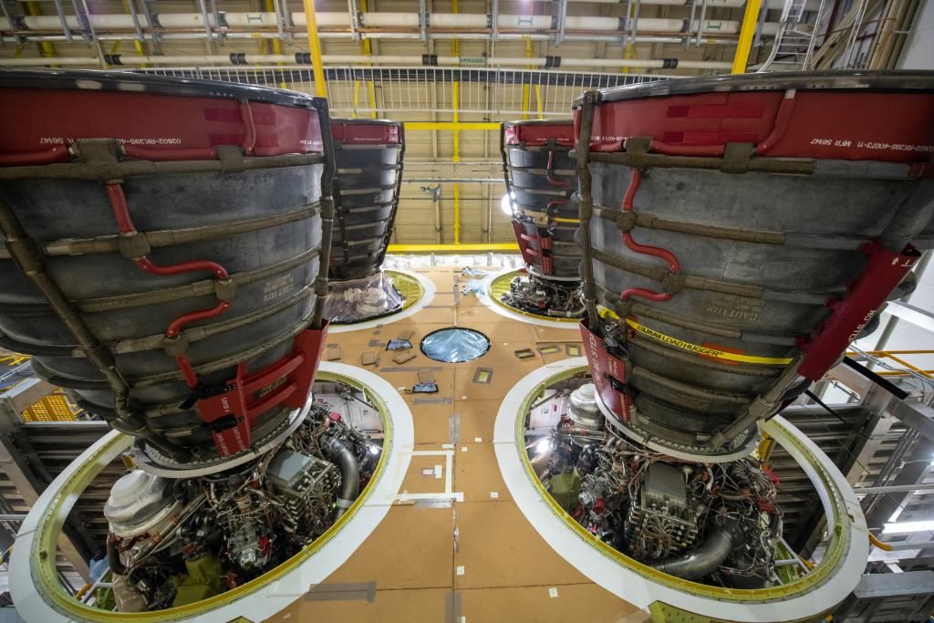 The four RS-25 rocket engines of NASA&#039;s Space Launch System rocket take center stage in this photo. NASA has ordered 18 new engines for its Artemis moon program.