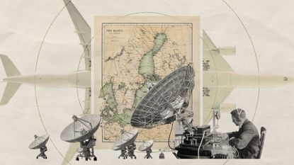 Photo collage of satellite dishes emitting a radio signal overlaid on top of a vintage map of the Baltic sea. In the background, there is a large airplane, sliced in half.