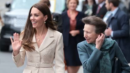 Kate Middleton and Princess Anne: Princess Anne, Princess Royal, Patron, the Royal College of Midwives (RCM), and Catherine, Duchess of Cambridge, Patron, the Royal College of Obstetricians and Gynaecologists (RCOG), visit the RCM and RCOGs headquarters on April 27, 2022 in London, England.