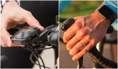 Image shows one rider with a smartwatch and the other rider with a cycle computer.