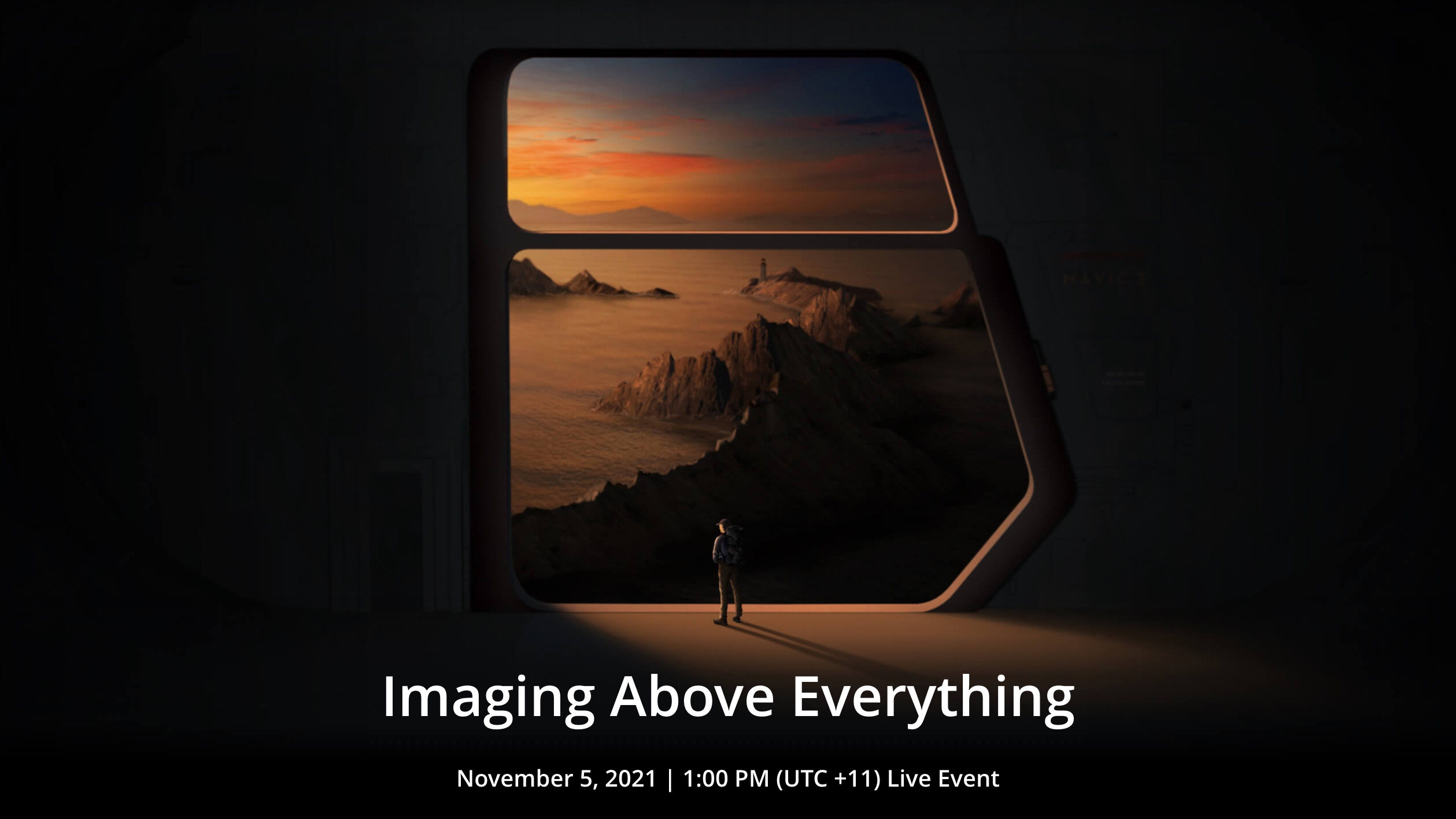 A teaser poster for the DJI Mavic 3 drone showing a man looking out of a large window