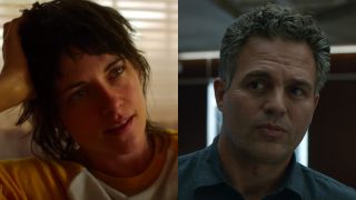 Lou (Kristen Stewart) looks over in Love Lies Bleeding, while Bruce Banner (Mark Ruffalo) speaks with his fellow Avengers in Avengers: Endgame.