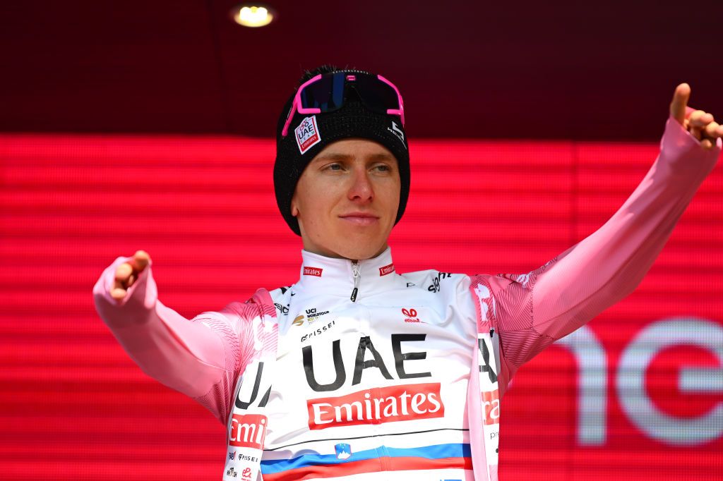 PRATI DI TIVO ITALY MAY 11 Tadej Pogacar of Slovenia and UAE Team Emirates celebrates at podium as Pink Leader Jersey winner during the 107th Giro dItalia 2024 Stage 8 a 152km stage from Spoleto to Prati di Tivo 1451m UCIWT on May 11 2024 in Prati di Tivo Italy Photo by Dario BelingheriGetty Images