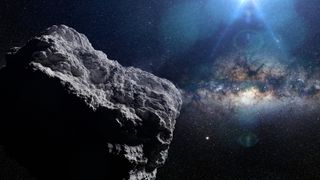 asteroids graphic illustration of deep space asteroid with a galaxy in the distance.