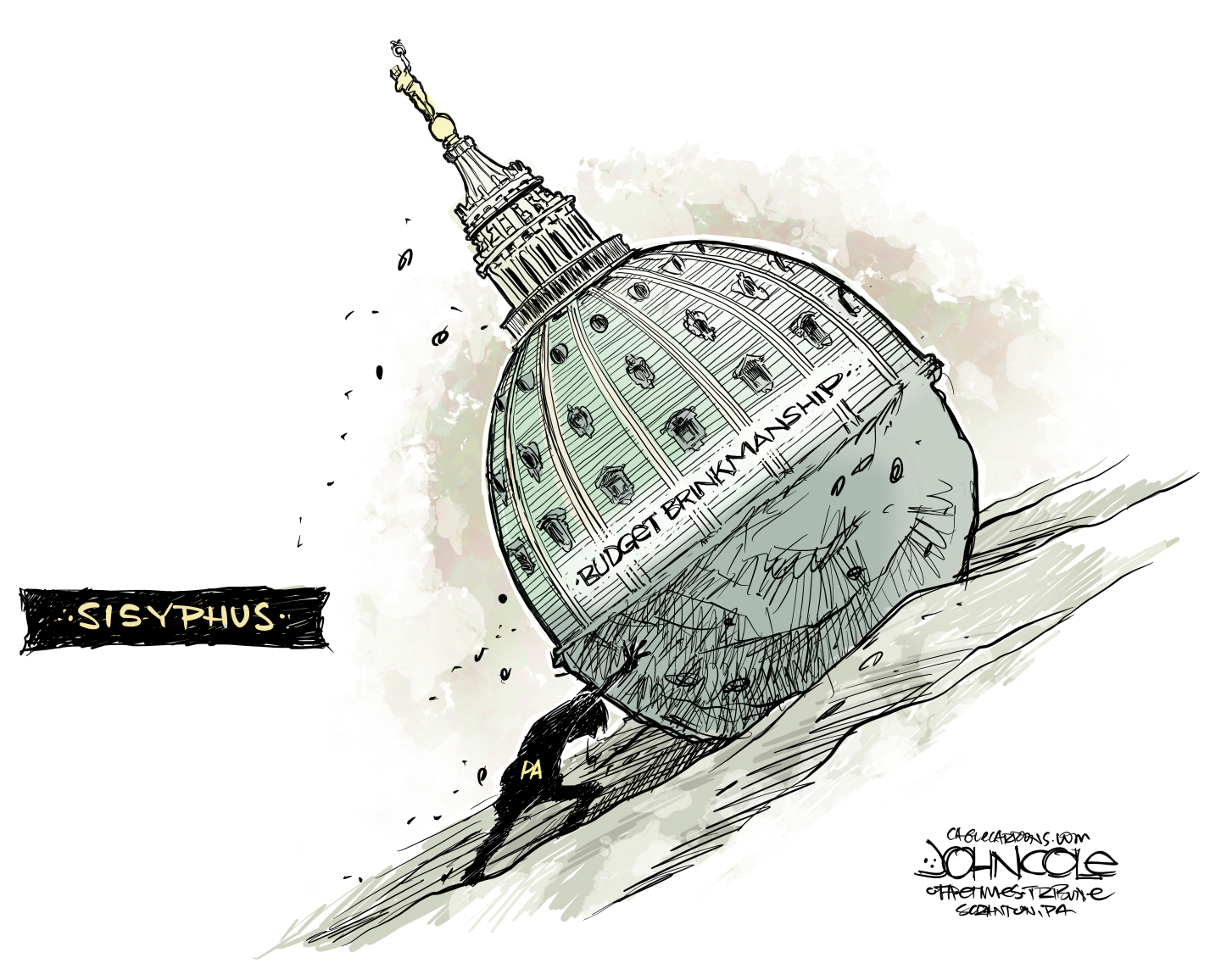 This political cartoon is titled &amp;ldquo;Sisyphus&amp;rdquo; and is reminiscent of the mythological character doomed to push a boulder up a hill only to have to roll back down over and over again. This Sisyphus is labeled &amp;ldquo;PA&amp;rdquo; to represent Pennsylvania and pushes a boulder labeled &amp;ldquo;Budget Brinkmanship&amp;rdquo; that looks like the U.S. Capitol Building.