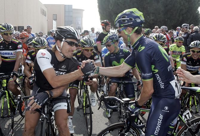Fabian Cancellara and Alejandro Valverde at the start of GP Nobili