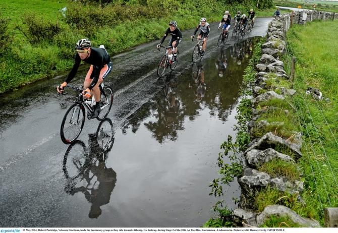Robert Partridge (Velosure Giordana) leads the breakaway group as they ride towards Athenry, Co. Galway