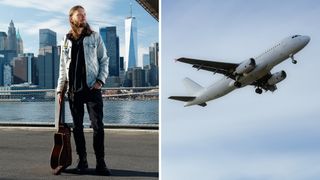 Mike Dawes in New York City composite image next to an airplane taking flight