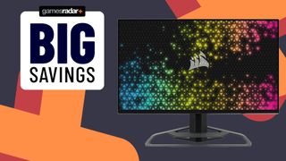 Corsair Xeneon 32uhd144 gaming monitor with GamesRadar+ "Big Savings" logo on right and grey and orange background with large orange plus symbols