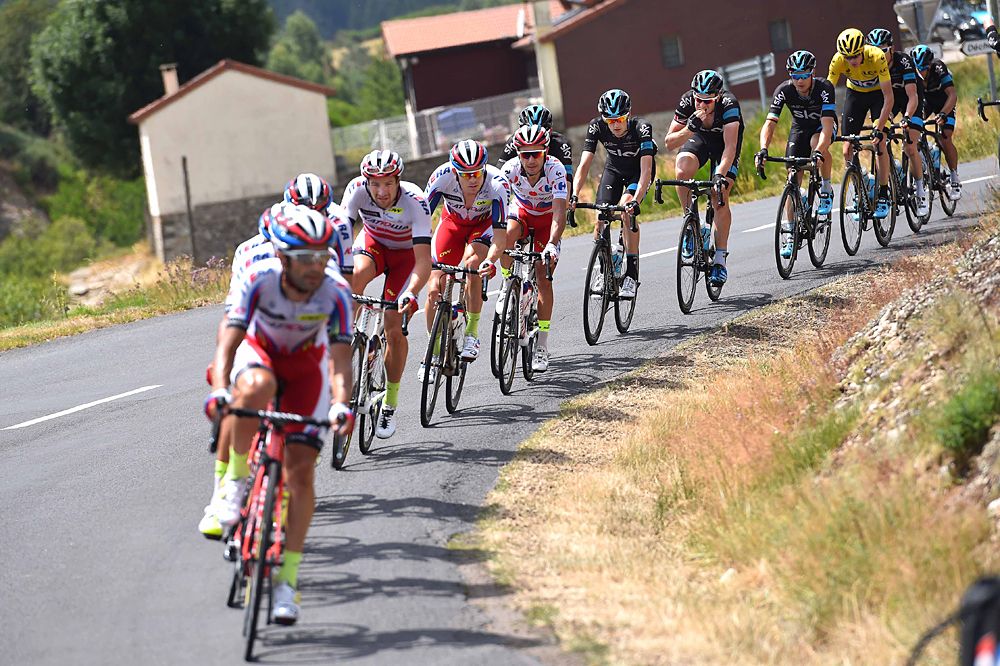 Katusha leads the peloton on stage 15 of the Tour de France