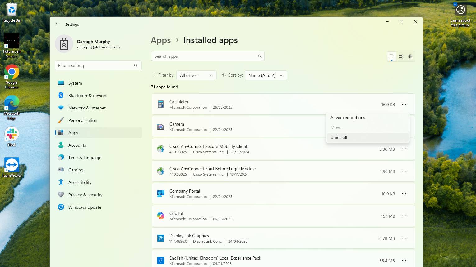 Screenshot of Windows 11 Settings showing Uninstall app option