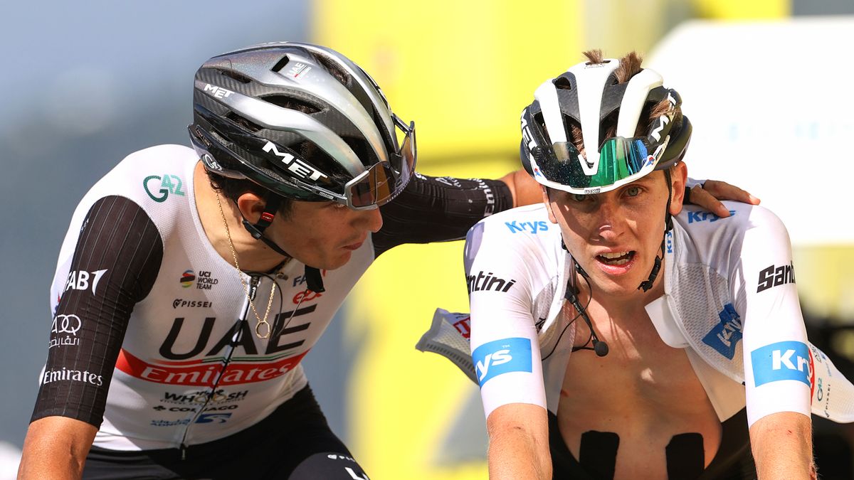 COURCHEVEL, FRANCE - JULY 19: (L-R) Marc Soler of Spain and Tadej Pogacar of Slovenia and UAE Team Emirates - White Best Young Rider Jersey cross the finish line during the stage seventeen of the 110th Tour de France 2023 a 165.7km at stage from Saint-Gervais Mont-Blanc to Courchevel / #UCIWT / on July 19, 2023 in Courchevel, France. (Photo by Michael Steele/Getty Images)