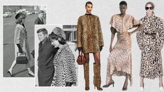 Jackie Kennedy wearing a leopard coat with models wearing the leopard trend in Versace, Sportmax, and Stella McCartney Resort 2025