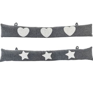 pair of grey herringbone draught excluders with heart and star patterns