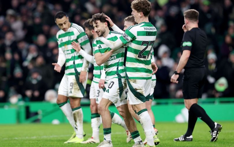 GLASGOW, SCOTLAND - JANUARY 05: Nicolas Kuehn of Celtic celebrates with teammates after scoring his team&#039;s third goal during the William Hill Premiership match between Celtic FC and St. Mirren FC at Celtic Park on January 05, 2025 in Glasgow, Scotland. (Photo by Ian MacNicol/Getty Images)