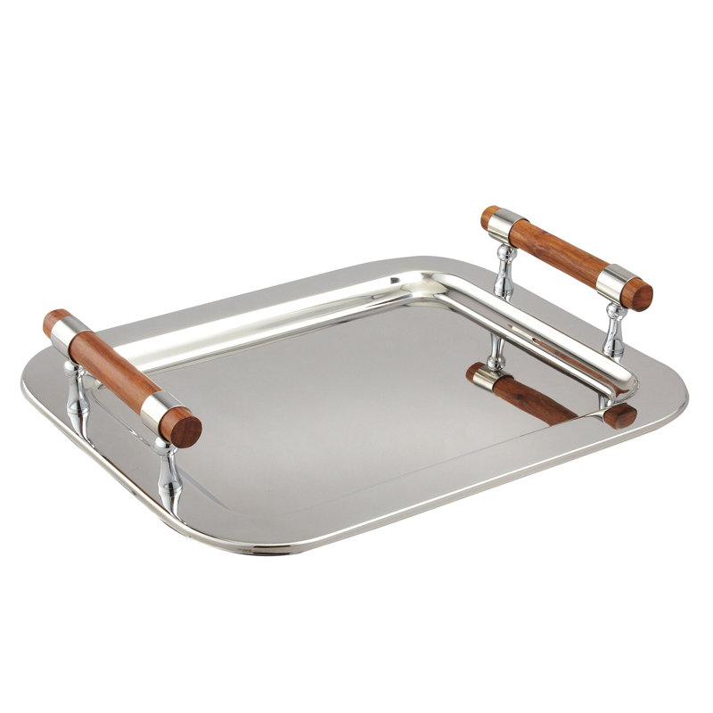 Elegance by Leeber Elegance Stainless Steel Rectangular Tray With Wood Handles, 16.5 X 13, Silver | Wayfair