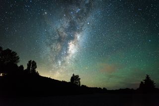 Silhouette of trees against star field at night,Rakaia,New Zealand