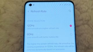 OnePlus 9 Pro display refresh rate settings screen