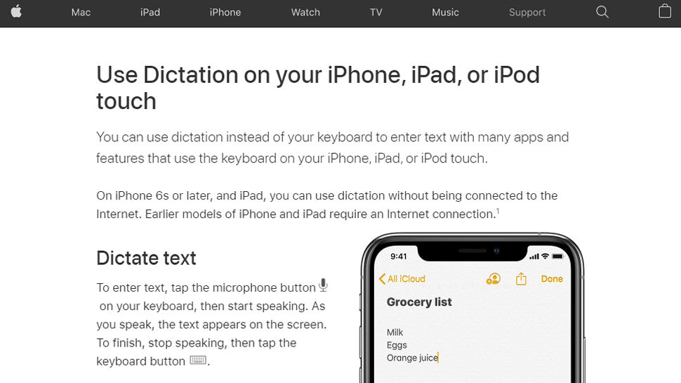 Website screenshot for Apple Dictation