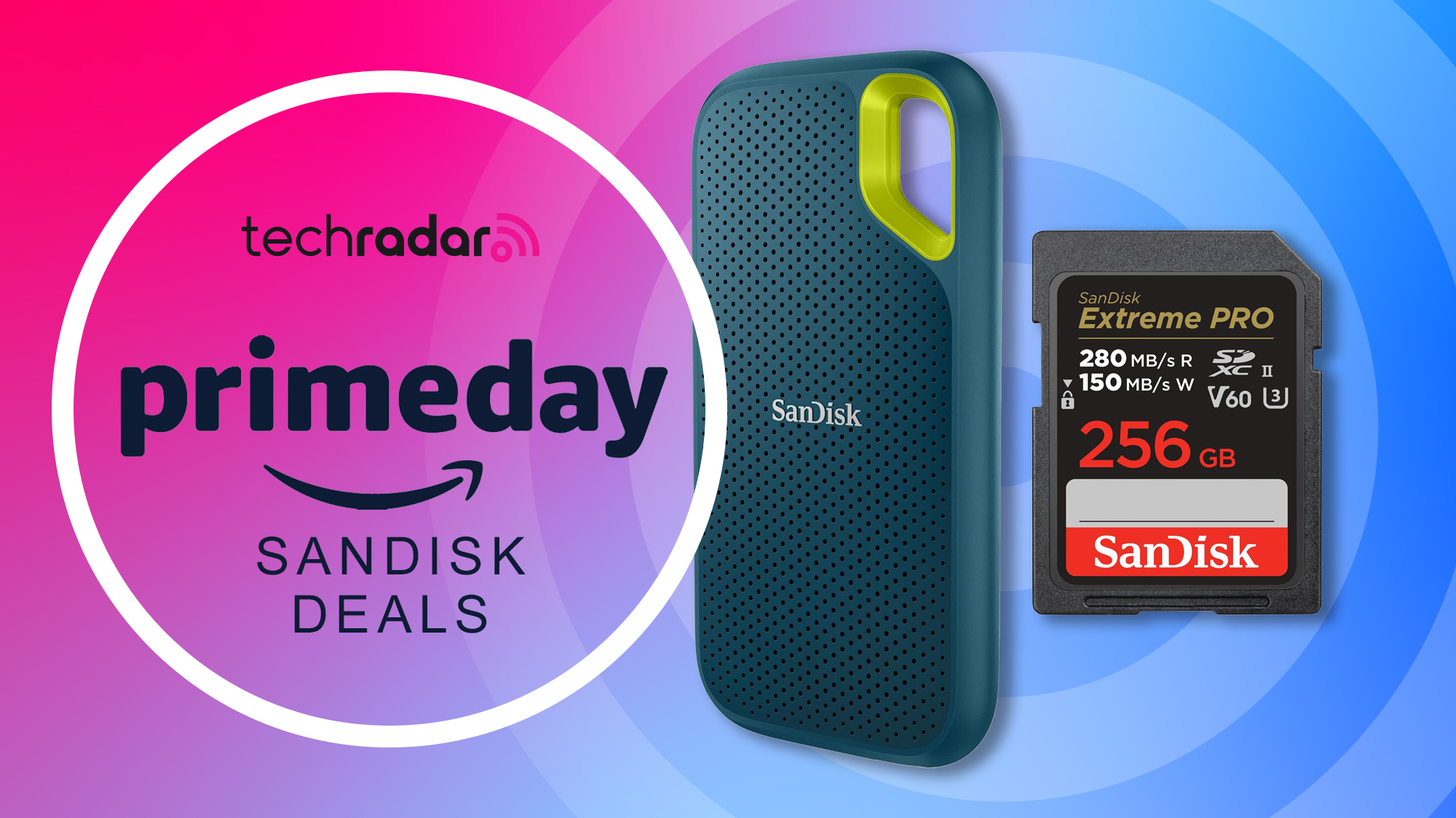 Sandisk portable SSD and SD card on a bright pink blue background with primeday deals text overlay