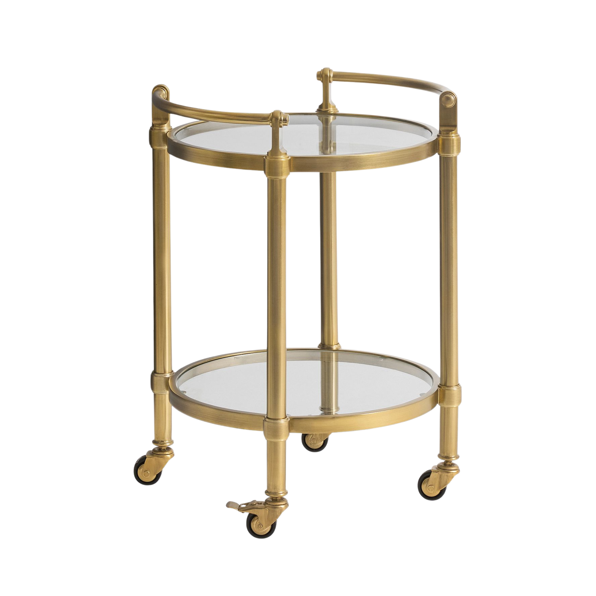 a metal and glass side table on wheels