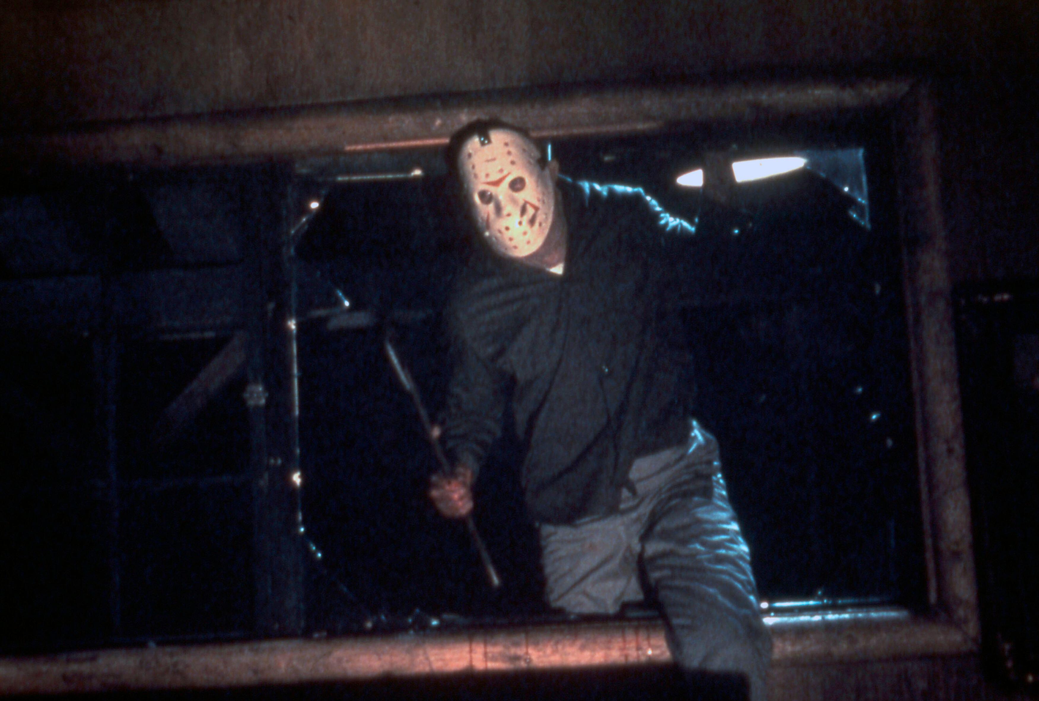 Jason coming in through a window in Friday the 13th Part 3, one of the best scary movies on Hulu