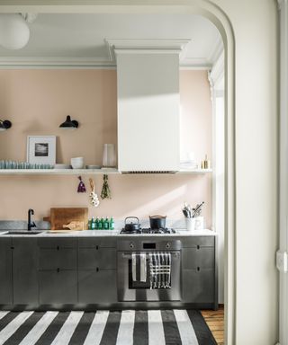 kitchen with light pink wall, dark gray cabinets, black and white striped rug, white ceiling and shelves