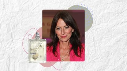 Image of Davina McCall smiling, with brunette straight hair and bangs, wearing a hot pink blazer, on a white textured background with Molecule 01 Perfume 