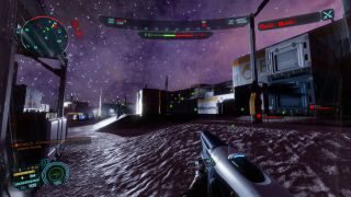 A firefight on a night-time moonbase