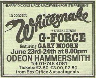 Whitesnake and G-Force ticket for Hammersmith Odeon in London