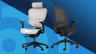 The ErgoTune Joobie and Steelcase Series 2 office chairs on a blue background