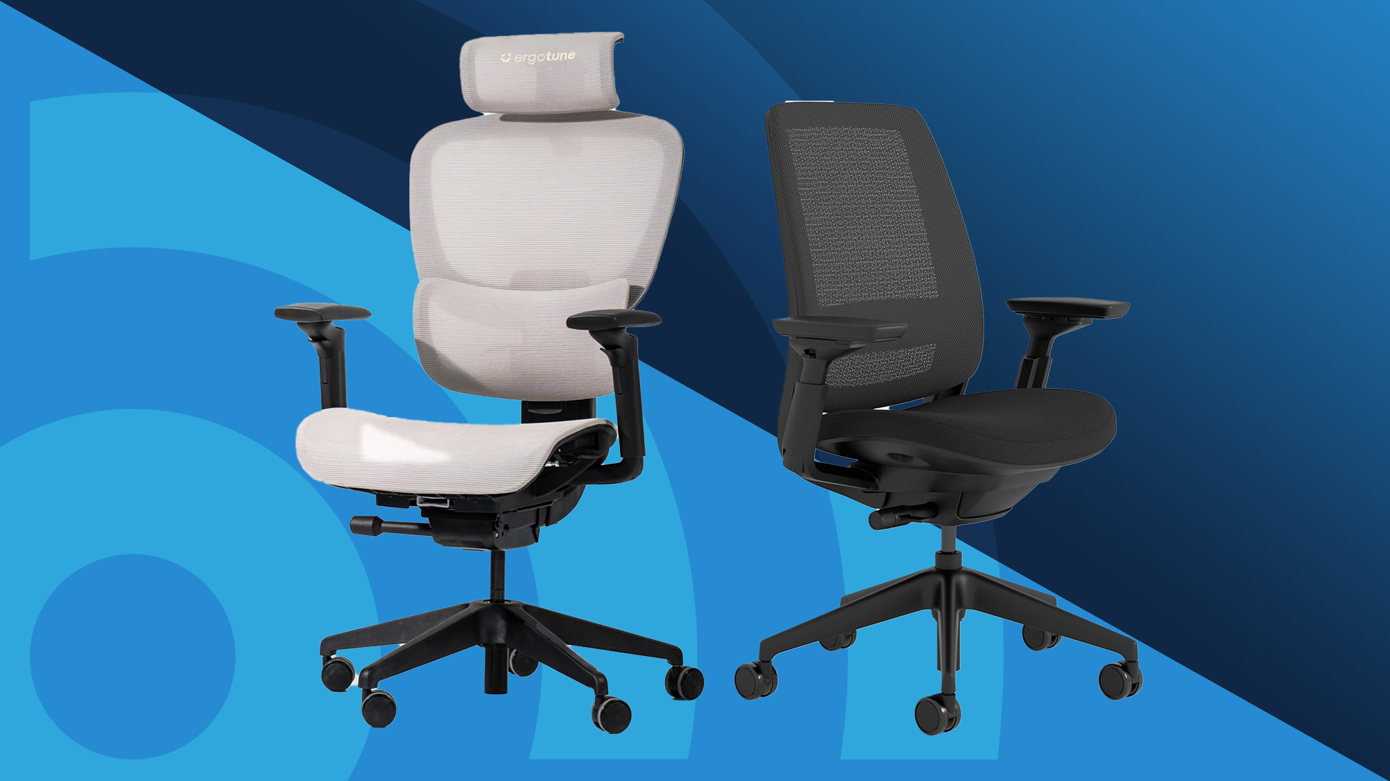 The ErgoTune Joobie and Steelcase Series 2 office chairs on a blue background